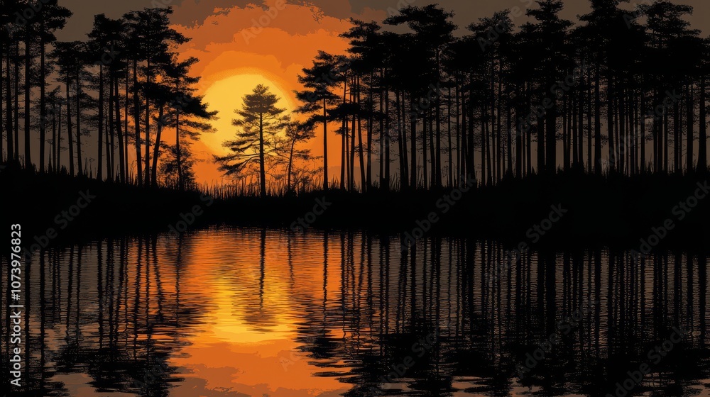 Obraz premium Silhouetted pine trees stand tall against a fiery sunset reflected in a still lake.