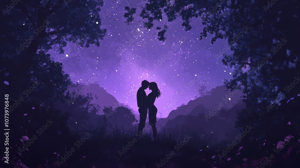 Silhouettes of a couple embracing under a starry night sky in a forest. Silhouettes of a couple embracing under a starry night sky in a forest.
