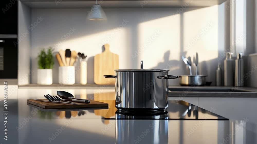 A gleaming stainless steel pot on a kitchen counter bathed in warm sunlight A gleaming stainless steel pot on a kitchen counter bathed in warm sunlight
