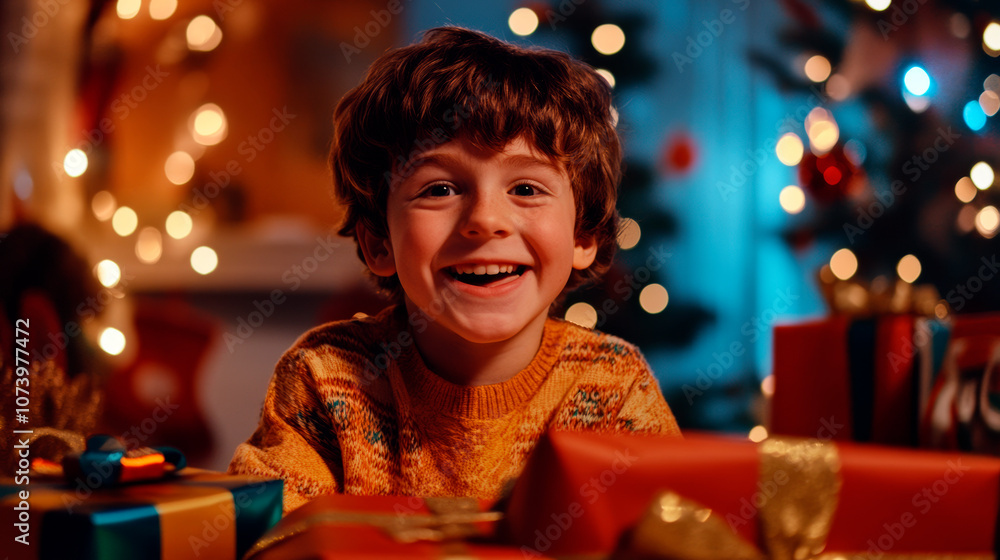 Child opening Christmas presents with joyful expression Child opening Christmas presents with joyful expression