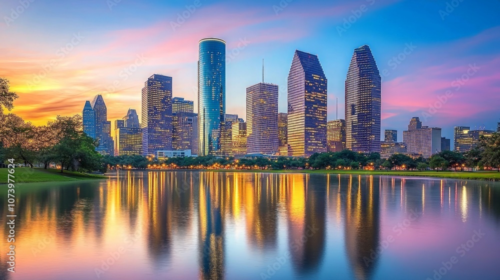 Urban skyline at sunset, skyscrapers reflecting in calm water, creating a serene atmosphere that captures the beauty of city life and twilight moments. Urban skyline at sunset, skyscrapers reflecting in calm water, creating a serene atmosphere that captures the beauty of city life and twilight moments.