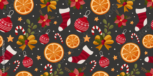 Winter seamless pattern with Christmas elements candy cane, orange, sock, branches and poinsettia, flower, holly berry. Cartoon illustration. Vector design for greeting cards, textile, wrapping paper 