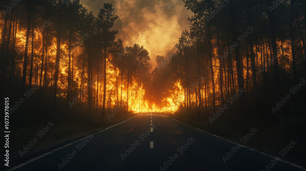 Forest fire consumes a road during sunset, illuminating the surrounding trees and creating a dramatic atmosphere Forest fire consumes a road during sunset, illuminating the surrounding trees and creating a dramatic atmosphere
