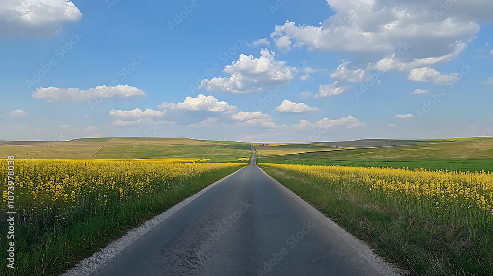 An empty road leading to the horizon, in the distance there is an endless field with yellow flowers on each side, a blue sky with clouds An empty road leading to the horizon, in the distance there is an endless field with yellow flowers on each side, a blue sky with clouds