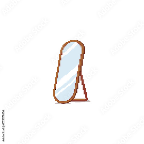 Pixel art oval mirror with wooden frame. Minimalistic mirror design in retro pixelated style.