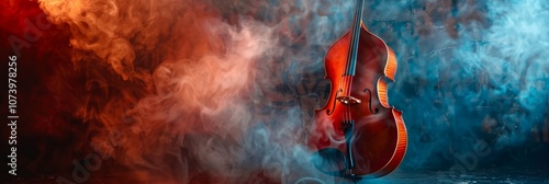 A red cello is surrounded by smoke and fire