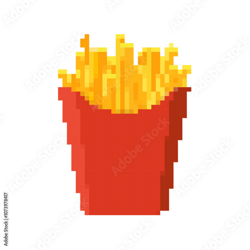 Pixel french fries icon red box. Retro pixel art fast food fries snack retro cartoon isolated icon.