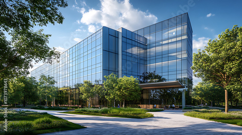 Fototapeta Naklejka Na Ścianę i Meble -  Corporate glass building facade reflecting green trees exemplifying esg environmental social governance sustainability in business 3d rendering