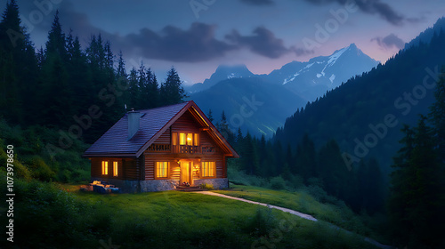Cozy mountain house illuminated at dusk peaceful evening scenery illustration