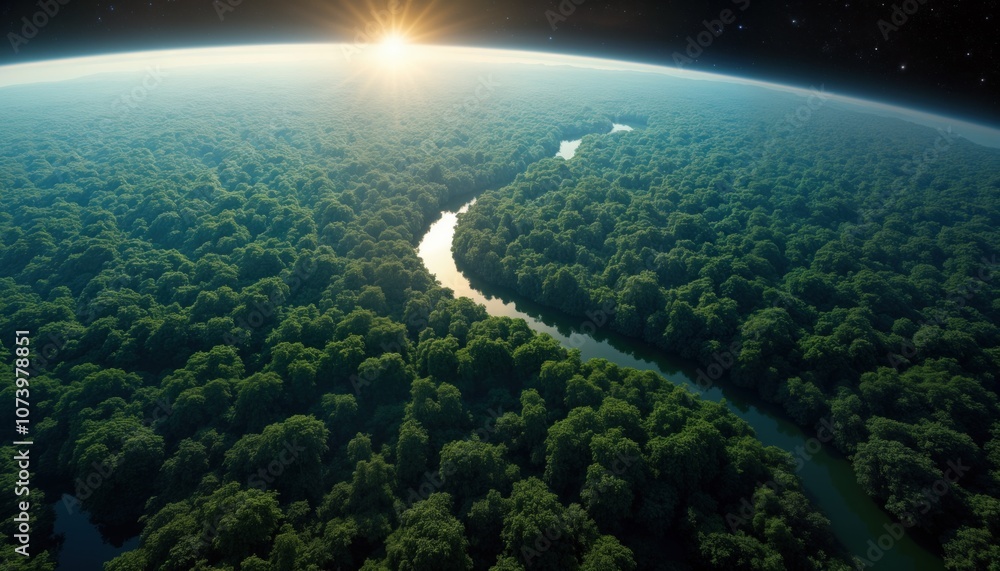 Aerial view of Amazon rainforest in South America. River flows through dense green canopy of trees. Sun rises over horizon, casting warm glow on scene. Image captures beauty, majesty of Earth from Aerial view of Amazon rainforest in South America. River flows through dense green canopy of trees. Sun rises over horizon, casting warm glow on scene. Image captures beauty, majesty of Earth from