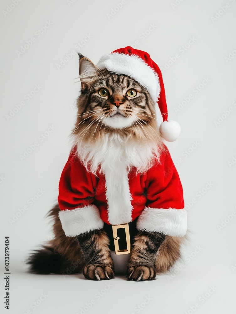 Majestic Maine Coon cat dressed in a Santa Claus outfit with a festive hat, sitting confidently and gazing forward. Majestic Maine Coon cat dressed in a Santa Claus outfit with a festive hat, sitting confidently and gazing forward.