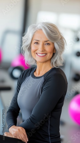 Older woman enjoys fitness class in a well-lit gym surrounded by exercise equipment and vibrant colors photo