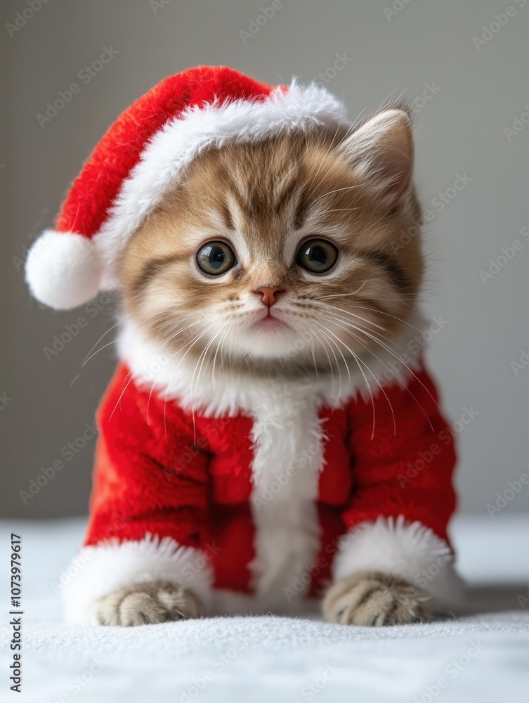 Adorable kitten in a Santa outfit with a classic red and white hat, looking curiously forward with big, innocent eyes. Adorable kitten in a Santa outfit with a classic red and white hat, looking curiously forward with big, innocent eyes.