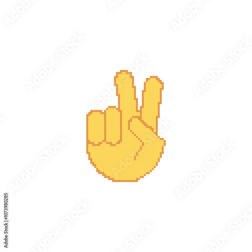 Pixelated hand showing a peace sign emoji. Retro pixel art of a hand gesture with a simple design. photo