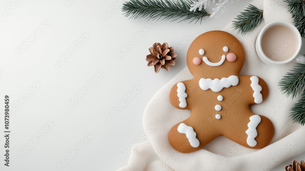Top view of a decorated gingerbread man on a white surface with holiday accents during Christmas season Top view of a decorated gingerbread man on a white surface with holiday accents during Christmas season