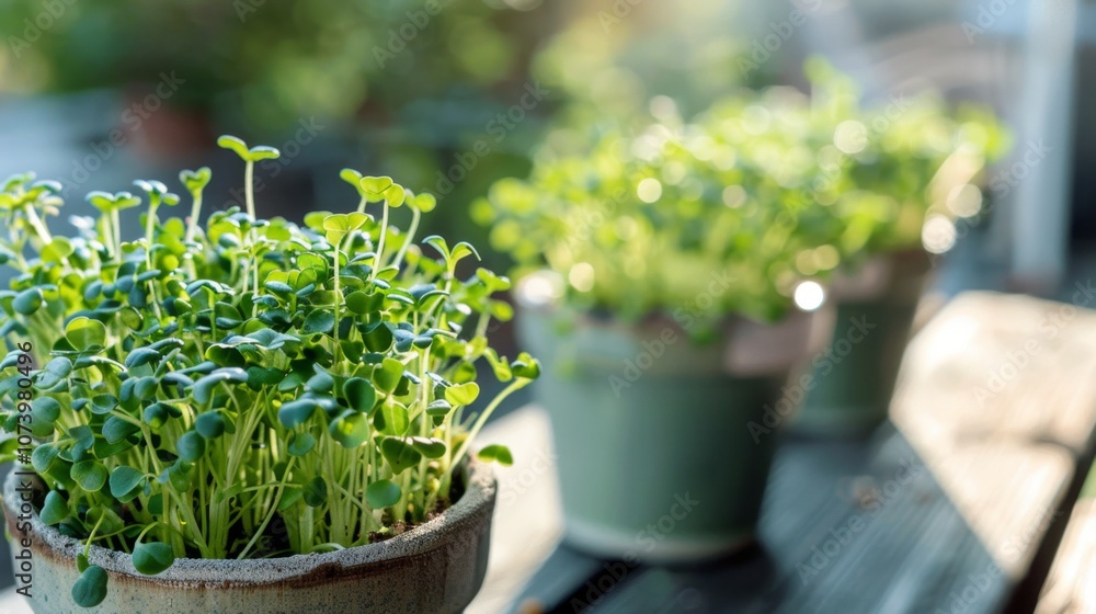 Fresh Microgreens in Decorative Pots by the Window Fresh Microgreens in Decorative Pots by the Window