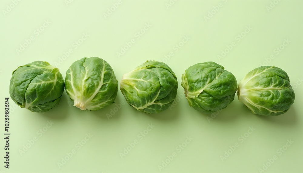 Fototapeta premium Fresh Brussels sprouts on a light background, close-up, soft natural lighting, top view, neatly arranged in a row, sharp detail on leaf texture