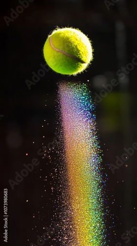 A tennis ball is in the air, with a rainbow of colors trailing it