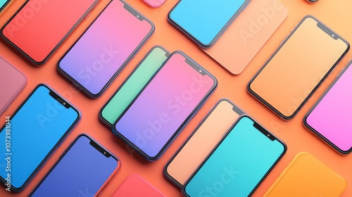 Vibrant smartphone mockups displaying diverse app designs, featuring a spectrum of colors, set against a lively backdrop, emphasizing modern technology and user interface creativity