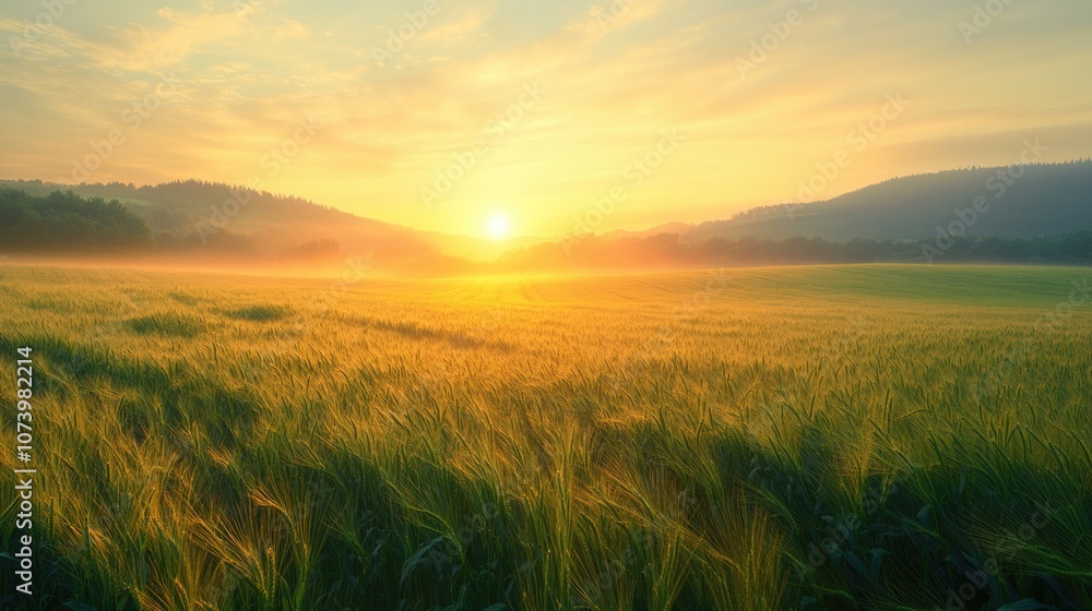 golden organic wheat field to make whole wheat bread at agriculture farm in the misty morning sunrise.