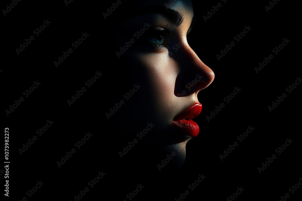 Half-Lit Face of Young Brunette Woman with Red Lips on Black Background Half-Lit Face of Young Brunette Woman with Red Lips on Black Background