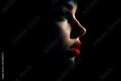 Half-Lit Face of Young Brunette Woman with Red Lips on Black Background