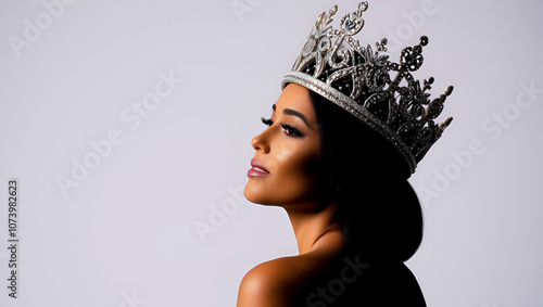 Silhouette of Miss Beauty Pageant Contest Woman with sparkle Diamond Crown with tanned skin photo