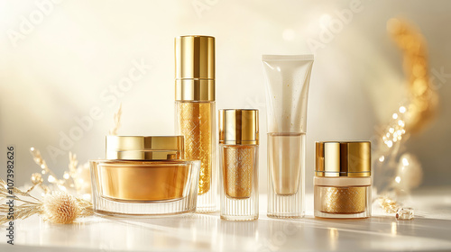Luxury cosmetic products with a white background. Golden bottles, beauty items. Cosmetics presentation concept.