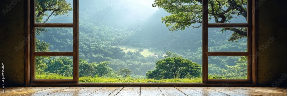 Sunlight streams through a window, illuminating a peaceful indoor space while showcasing a lush, green landscape beyond. Generative AI Sunlight streams through a window, illuminating a peaceful indoor space while showcasing a lush, green landscape beyond. Generative AI