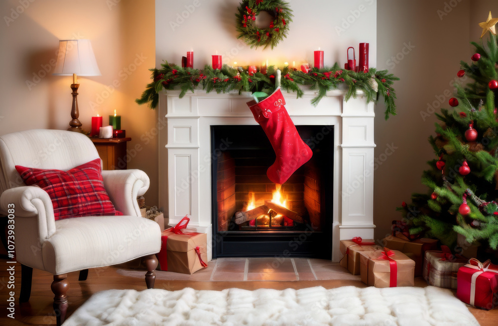 Fototapeta premium Christmas Stockings Hanging Over a Cozy Fireplace