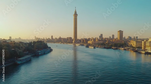 Iconic TV Tower Reflected in Calm Nile River Waters picture