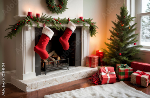 Christmas Stockings Hanging Over a Cozy Fireplace photo