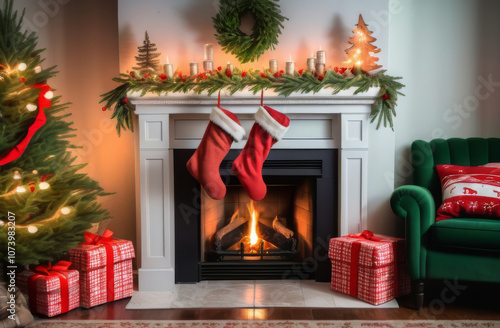 Christmas Stockings Hanging Over a Cozy Fireplace photo