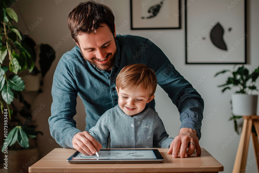 a father and son using a tablet together, focused on the screen with engaged expressions, capturing a shared learning moment in a modern home a father and son using a tablet together, focused on the screen with engaged expressions, capturing a shared learning moment in a modern home