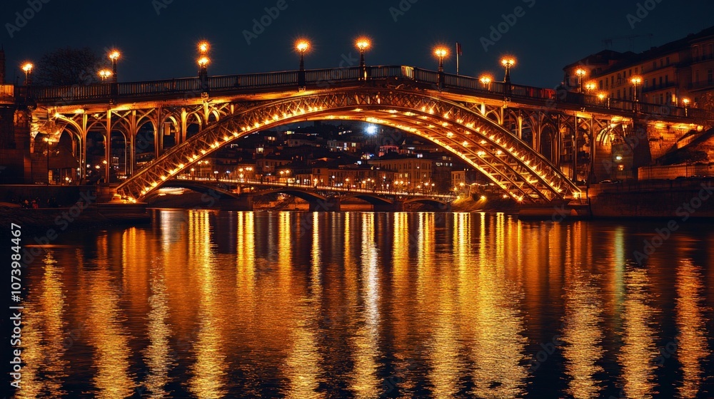 Illuminated Urban Bridge at Night, showcasing shimmering lights and reflections on water, celebrating the elegance and beauty of modern architecture in a vibrant city setting Illuminated Urban Bridge at Night, showcasing shimmering lights and reflections on water, celebrating the elegance and beauty of modern architecture in a vibrant city setting