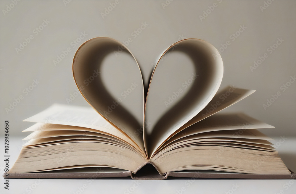 A beautifully arranged open book with pages folded into heart shapes on a neutral background A beautifully arranged open book with pages folded into heart shapes on a neutral background