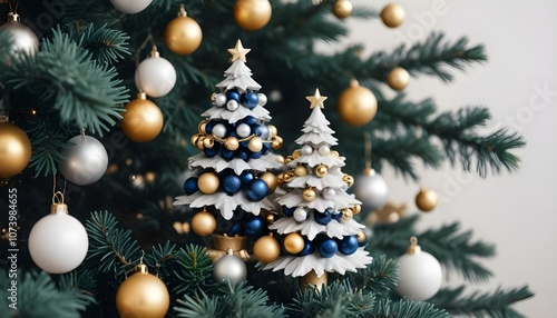 miniature xmas tree decorated with gold and silver baubles create with ai