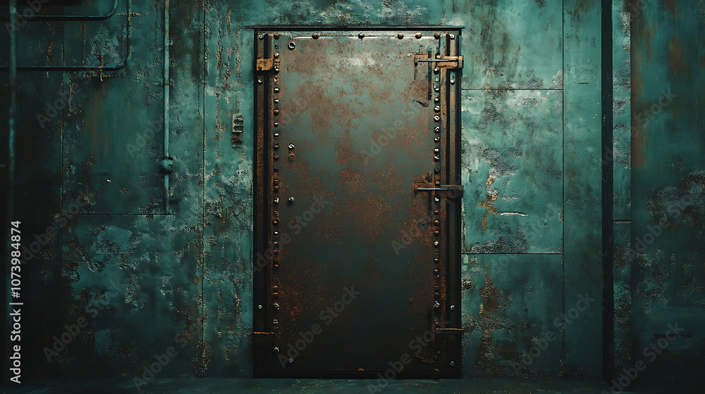 Futuristic sci-fi metal door in an aged industrial setting Futuristic sci-fi metal door in an aged industrial setting