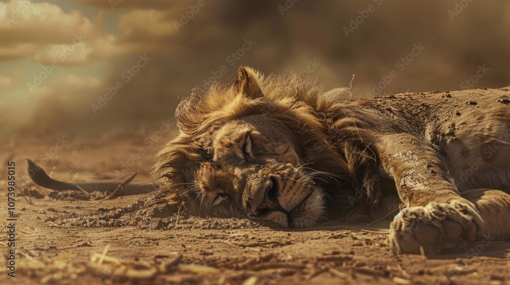 Naklejka premium A lion is laying down in the desert