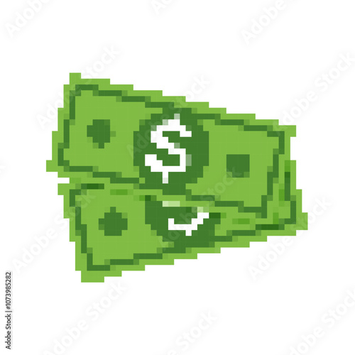 Pixel money icon with green dollar bills. Retro pixel art currency notes simple design dollar cash icon.