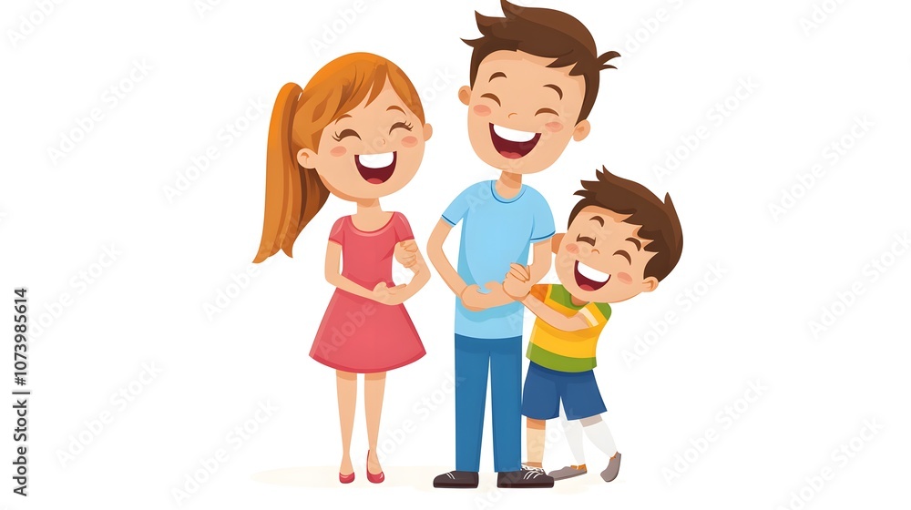 A happy family with two children laughing together on a white background A happy family with two children laughing together on a white background