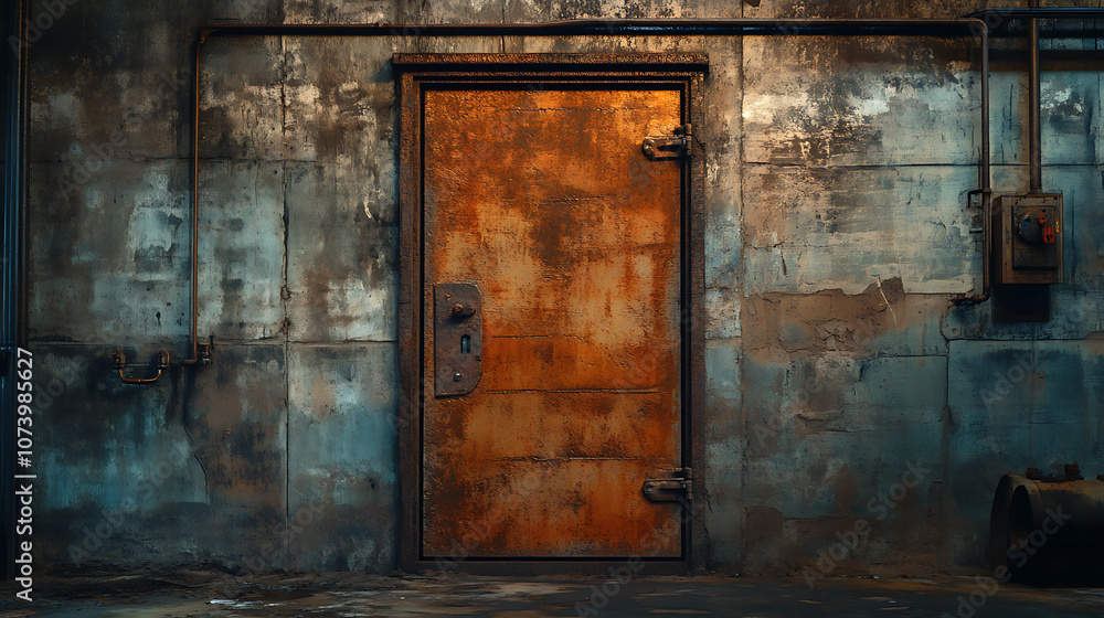 Rusty sci-fi door in a dimly lit industrial setting Rusty sci-fi door in a dimly lit industrial setting