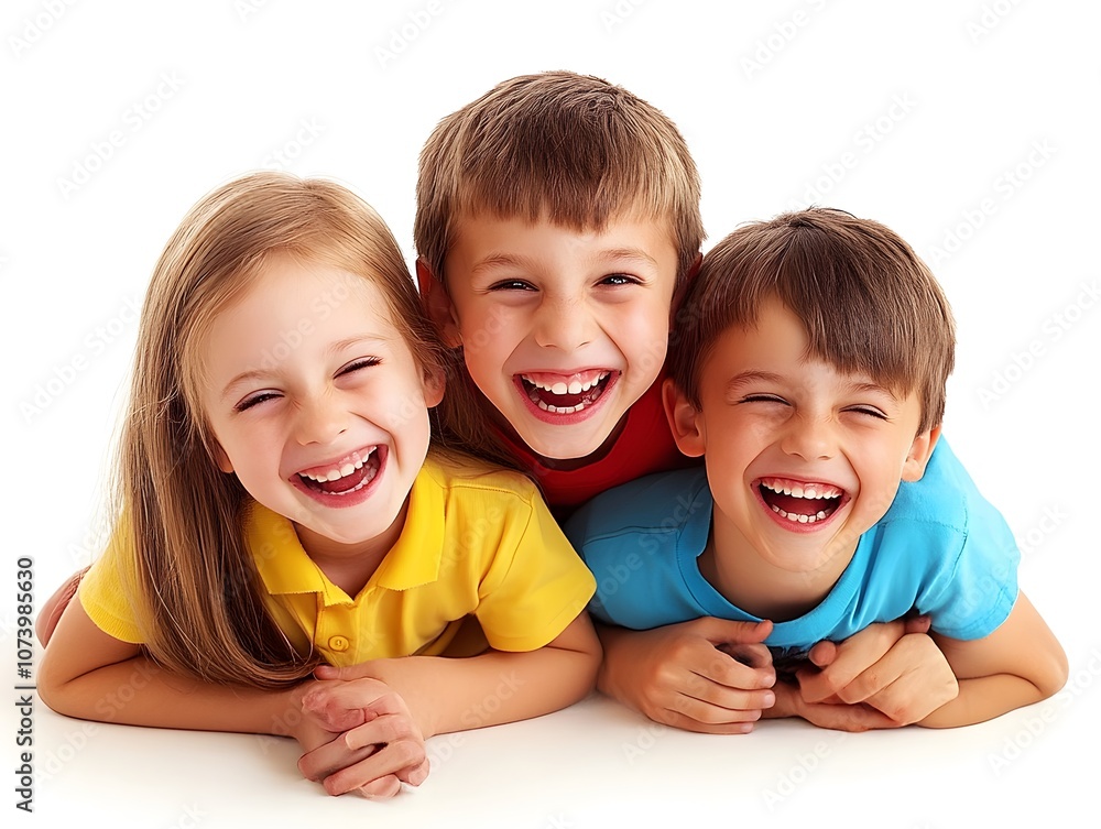 A happy family with two children laughing together on a white background A happy family with two children laughing together on a white background