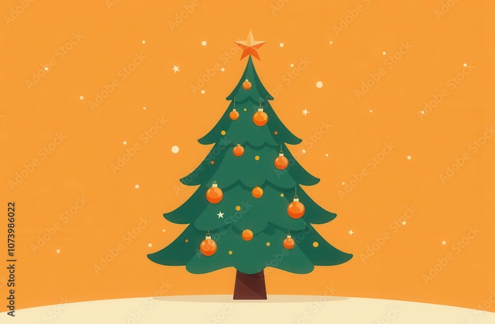 Obraz premium A cartoon-style Christmas tree decorated with orange ornaments and a golden star on top, set against a warm orange background with light snowfall, ideal for adding holiday greetings.