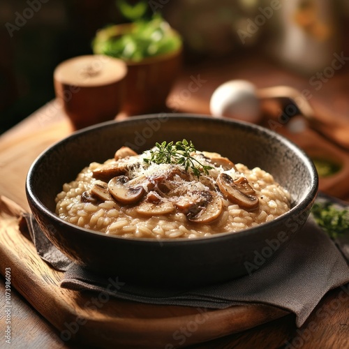 Delicious rich creamy mushroom risotto, blurred background, close-up