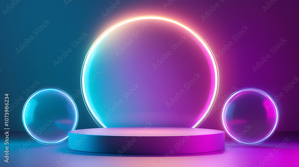 Abstract 3d geometric podium display in neon blue and purple minimalist studio background digital illustration Abstract 3d geometric podium display in neon blue and purple minimalist studio background digital illustration