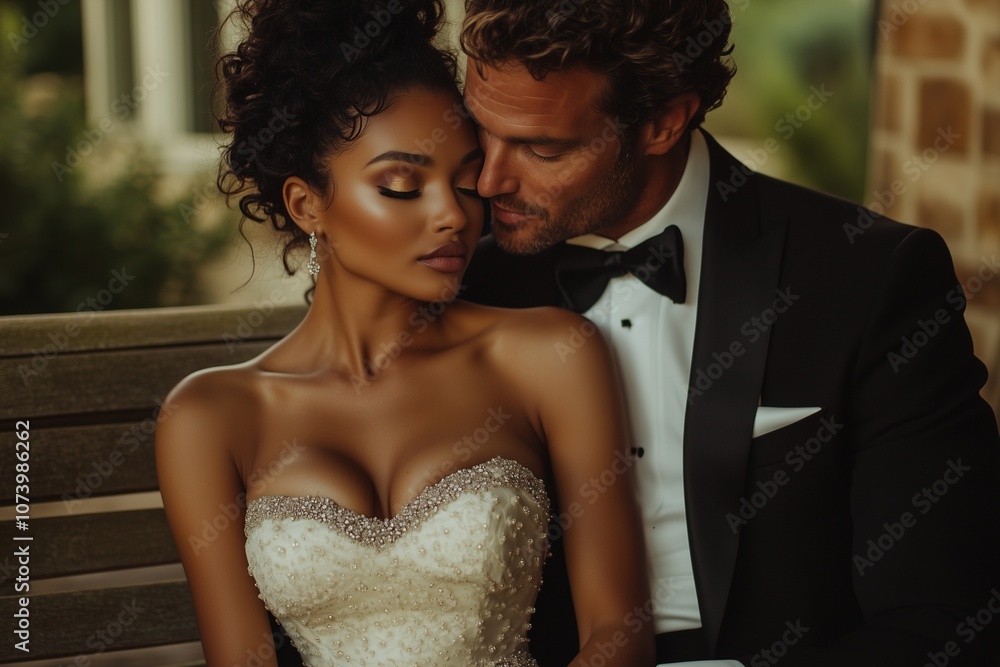 Black Woman and White Man on Their Wedding Day Embracing While Sitting on a Bench, Bridal Shoot Black Woman and White Man on Their Wedding Day Embracing While Sitting on a Bench, Bridal Shoot