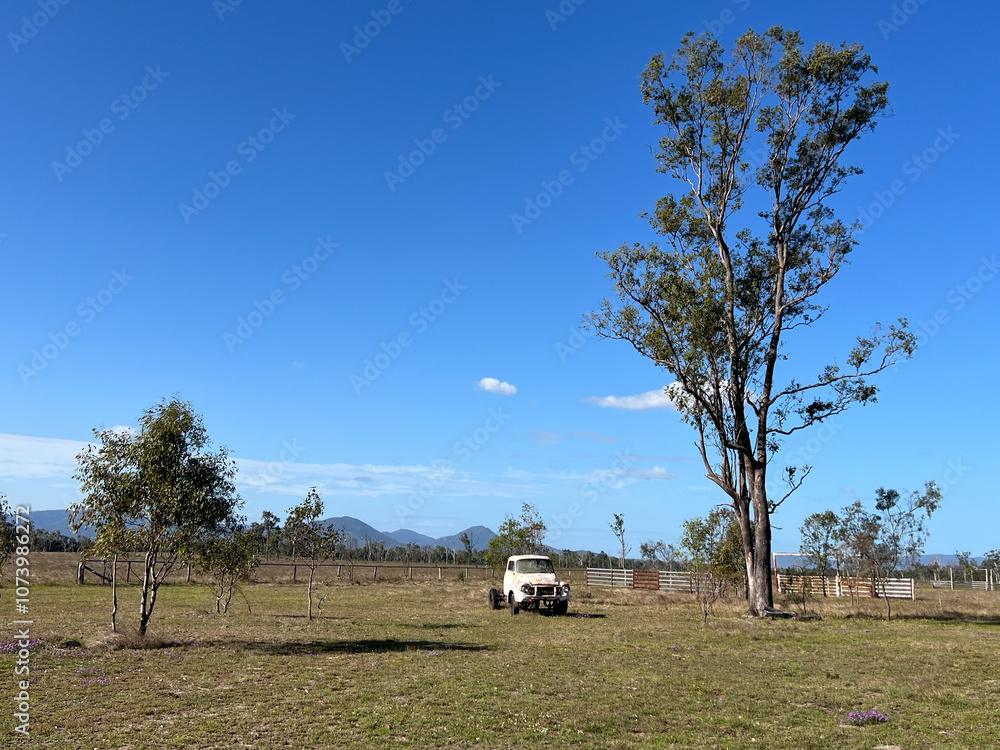 Landscape view of deserted old pickup truck in the outback