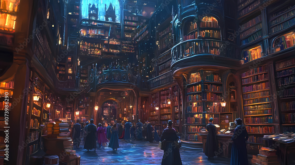 Obraz premium A bustling city of magic was dominated by a magnificent library filled with arcane books. Arcane. Illustration