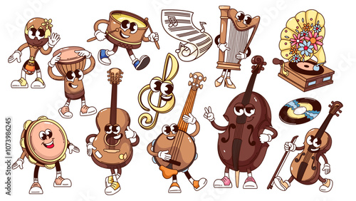Groovy musical instruments cartoon characters set. Funny retro guitar and banjo, double bass, harp, tambourine. Music mascots, cartoon acoustic instrument stickers of 70s 80s style vector illustration